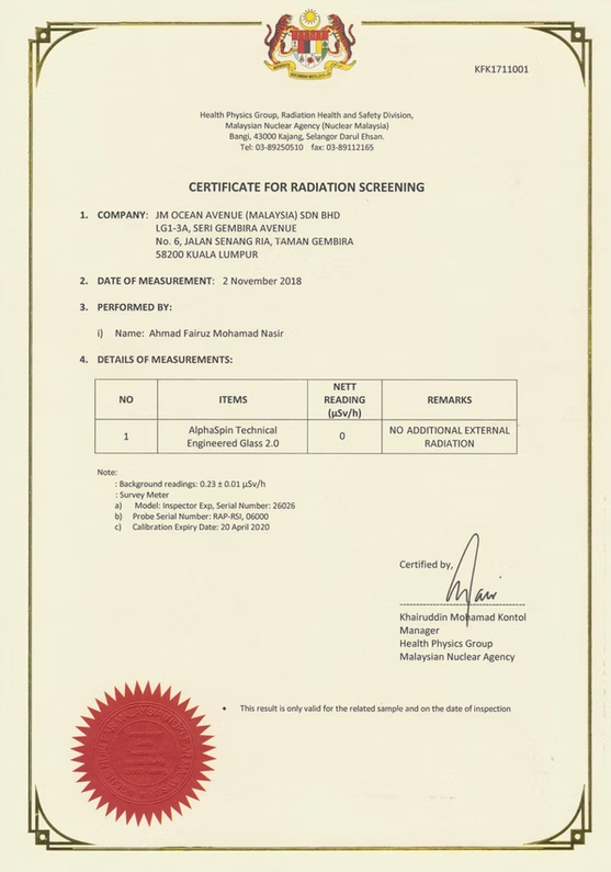 Certificat de contrôle de rayonnement de la Malaysian Nuclear Agency