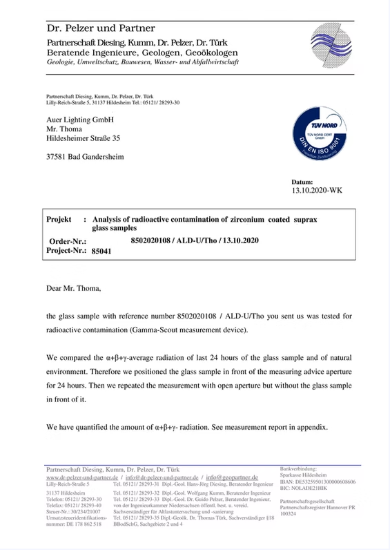 Document de contrôle de rayonnement Dr. Pelzer und Partner Laboratory Allemagne