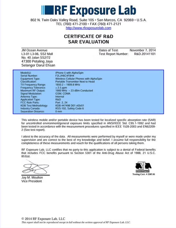 Certificat d’évaluation SAR RF Exposure Lab pour iPhone 5 avec AlphaSpin